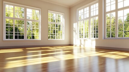 Spacious Modern Interior with Sunlight and Window Shadows on Walls and Polished Floor