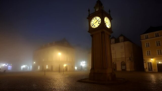 A clock tower in a foggy town square at midnight. The clock hands move slowly, and the glow of the clock face casts eerie light through the mist, illuminating cobblestone streets.