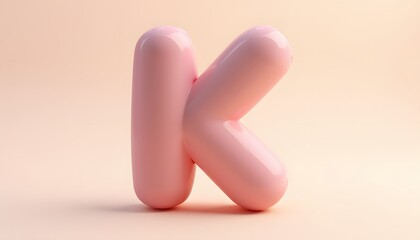 Pink letter K: 3D rendering of a glossy,  bubble-like letter K against a soft peach background.  Minimalist design, perfect for branding or alphabet projects.