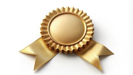 High-quality gold badge with a satin ribbon tied around it, laying on a soft, white background, ribbon