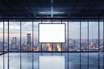 Modern Office with Panoramic City View and Blank Billboard Mockup