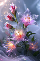 Fototapeta premium A beautiful spectrum of Alstroemerias flowers with delicate, translucent petals illuminated by soft light. Created with generative AI