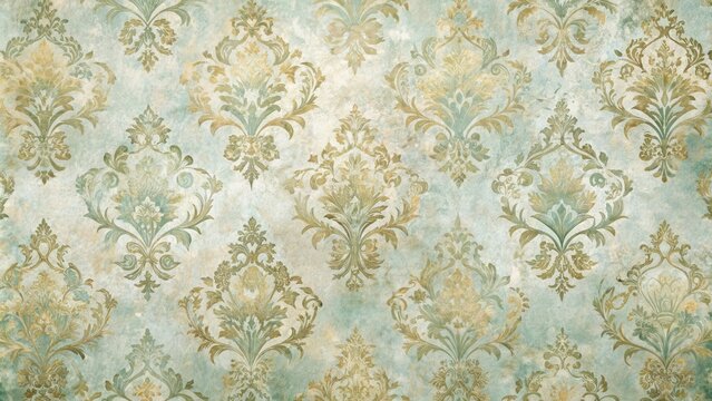 Fototapeta Distressed damask wallpaper with faded floral patterns in soft pastel colors and intricate gold accents, worn look, antique style