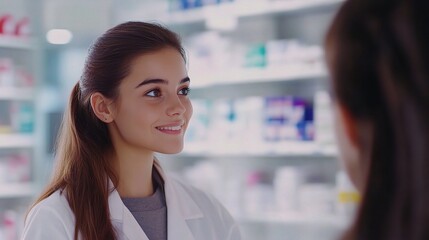 Naklejka premium Young Female Pharmacist Assisting Customer in Modern Pharmacy Setting
