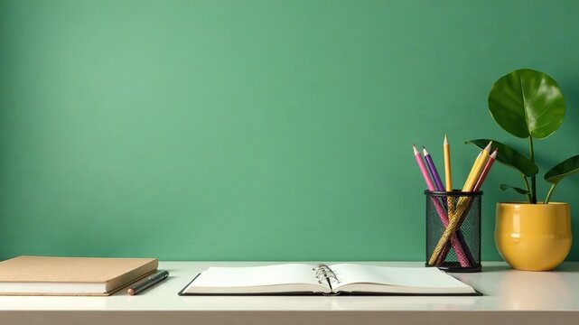 Workspace From Home, Stationery Supplies, Green Background, AI Photo