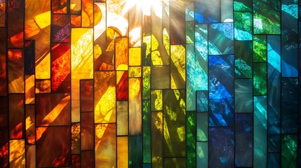 Sunlit rainbow stained glass window.