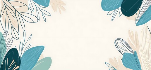 Abstract floral frame with teal and beige leaves on a white background.