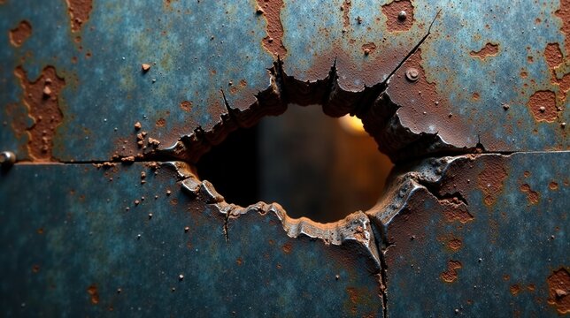 A hole blasted through aged metallic surface, showing rusted edges and cracked texture