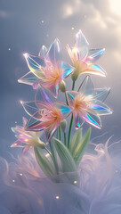 Fototapeta premium A beautiful spectrum of Alstroemerias flowers with delicate, translucent petals illuminated by soft light. Created with generative AI