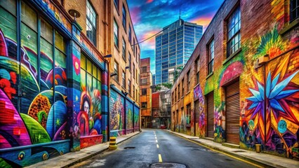 Fototapeta premium Urban street with vibrant graffiti art covering walls and buildings, urban landscape