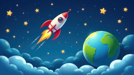 Naklejka premium A whimsical rocket ship soaring through a starry night sky, leaving a fiery trail, and approaching a stylized Earth above fluffy clouds.
