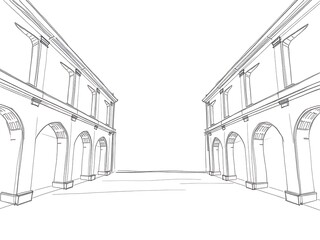 Elegant Archway Building Sketch: Clean Line Illustration. AI Generated