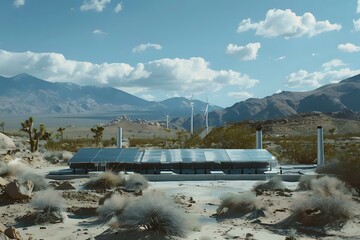 Sustainable Desert Home:  Solar Panels Powering a Modern Structure Amidst Wind Turbines and Arid Landscapes, Utilizing Clean Energy for Off-Grid Living in Remote Mountainous Regions.