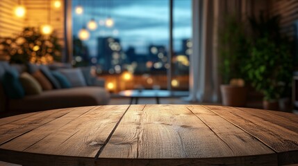 Empty wooden table and blurred background of living room at night city.  Mock up for design	
