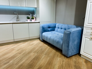 In the kitchen, a vibrant blue couch is prominently positioned right next to the sink, adding a...