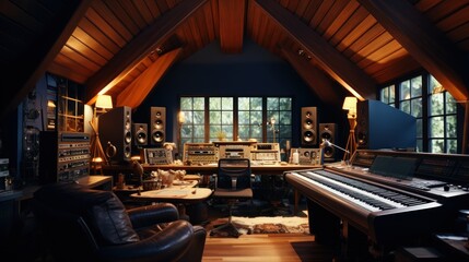 Home Recording Studio in Attic with Wooden Beams and Vintage Equipment