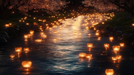 Illuminated River Pathway Lanterns Glowing Under Cherry Blossoms