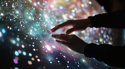 The hologram 100 percent. Holographic projection sale tag 100%. Flickering energy flux of particles. Scientific design of the sale campaign.