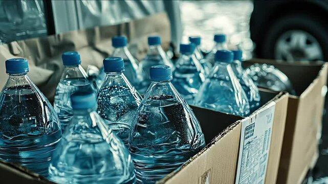 Boxes of emergency supplies like water, blankets, and first aid kits being loaded onto a truck for disaster