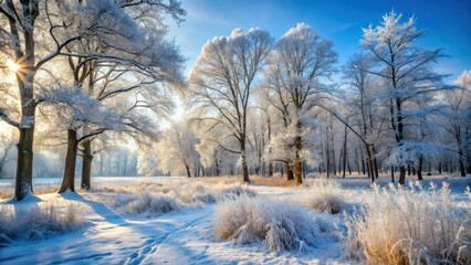 Snow-covered forest landscape with bare trees and frosty grass, cold, snow,  cold
