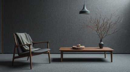 Minimalist living room with armchair, coffee table, and decor.