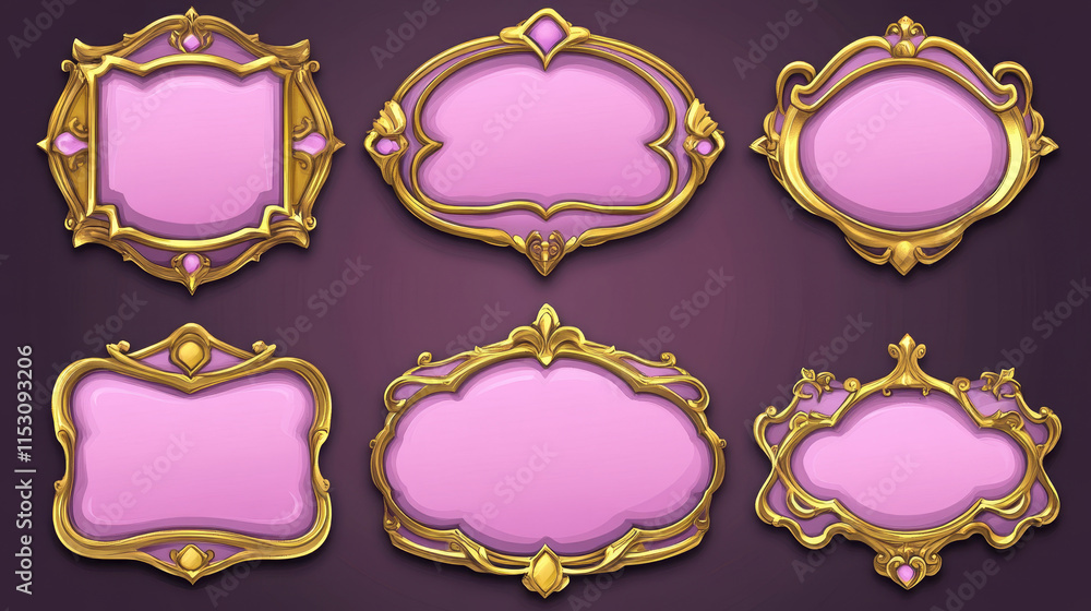 Poster fantasy game buttons with gold frames different shapes. vector user interface elements for rpg game.