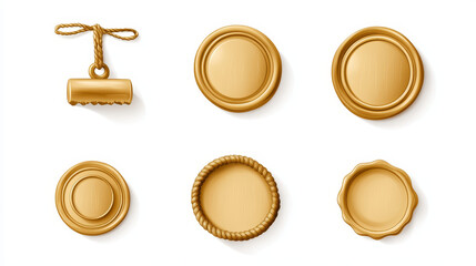 Gold wax seals with rope for letter, guarantee or certificate. Vector realistic set of blank round wax stamps with cord, golden label for lock envelope with confidential mail or press quality sign