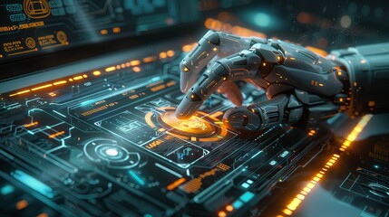 Obraz premium Robotic Hand Interacting with Futuristic Interface