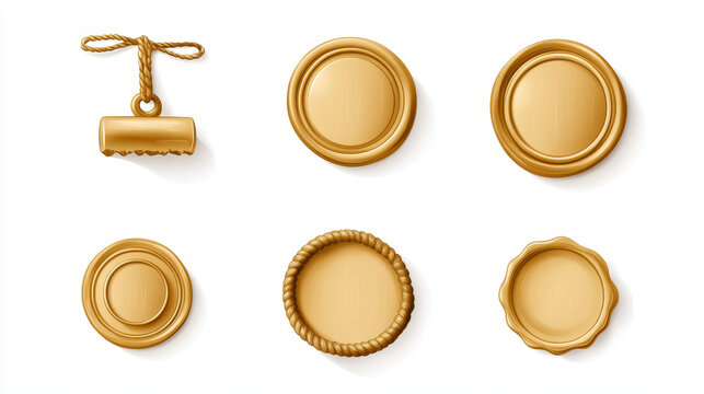 Gold wax seals with rope for letter, guarantee or certificate. Vector realistic set of blank round wax stamps with cord, golden label for lock envelope with confidential mail or press quality sign