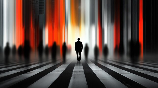 Lone figure in blurred city street.