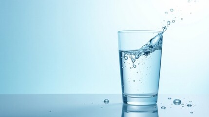 Refreshing Glass of Water with Splashing Liquid and Droplets on a Smooth Surface