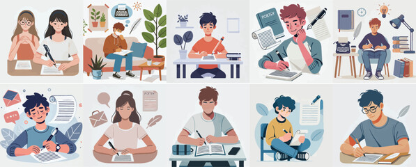 Vector set of a teenager writing poetry or short stories in a simple flat design style