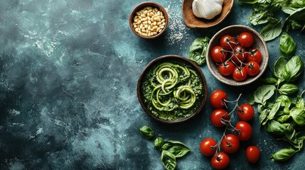 Zoodles with Pesto Tomatoes Basil and Pine Nuts