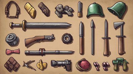 Military game icons cartoon vector set. Isolated war weapon collection, mine and hand lemon grenade, binoculars and sword, incendiary mixture in bottle, horned helmet and spiked mace, rocket bomb
