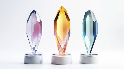 Glass trophies set isolated on white background. Vector realistic illustration of 3d winner awards, abstract hexagon, rhombus, rectangle prize mockups on plastic platforms, best result in competition