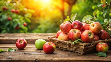 Freshly picked organic apples on a rustic wooden table amidst lush greenery , produce, greens