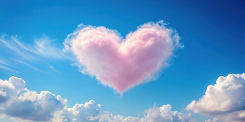 Soft pink heart-shaped cloud drifting lazily across a brilliant blue sky with a few wispy white clouds scattered throughout the horizon , sunny day, pink cloud