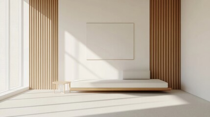 Fototapeta premium Minimalist room with platform bed, wood accents, and blank canvas.