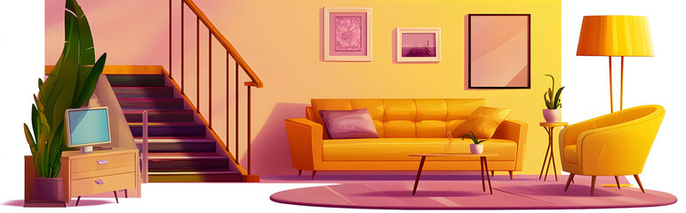 Living room interior furniture and design elements. Cartoon vector illustration set of home or hotel modern cabinetry - yellow sofa and armchair, stairs and tv, table and floor lamp, picture and plant