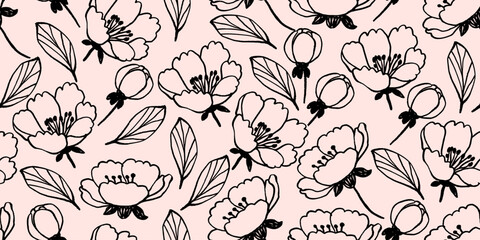 Spring Floral Seamless Pattern with Grunge Effect. Retro herbs drawn with pencil. Artistic sketch of plants and herbs 
