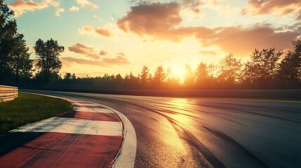 Naklejka premium Stunning Sunset Wide Shot: Race Track at Golden Hour. AI Generated