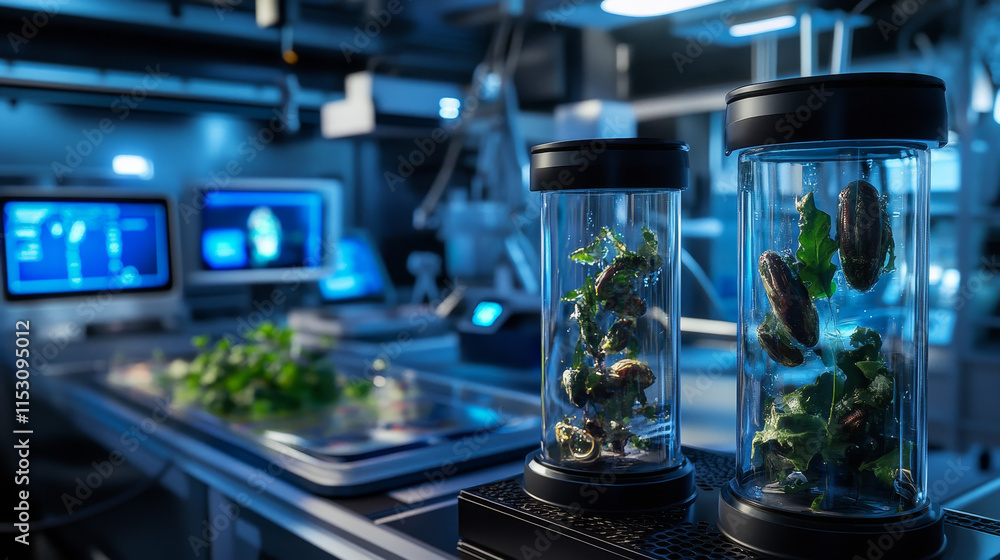 Poster futuristic science lab with space aliens in cryogenic capsules. vector cartoon illustration of space
