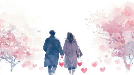 Obraz premium Couple holding hands, walking through blossoming trees, hearts floating