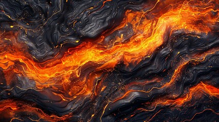 Molten Lava Flowing Through Dark, Volcanic Rock Texture