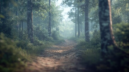 Fototapeta premium Serene Forest Pathway Bathed in Soft Morning Light and Fog