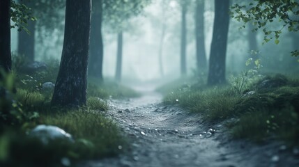 Obraz premium Tranquil Forest Pathway Surrounded by Misty Green Nature