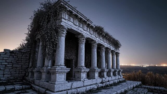 Classical Roman-style Temple atop Promontory, Night Sky View, Lush Greenery, Cultural Importance - Moonlit Isolation