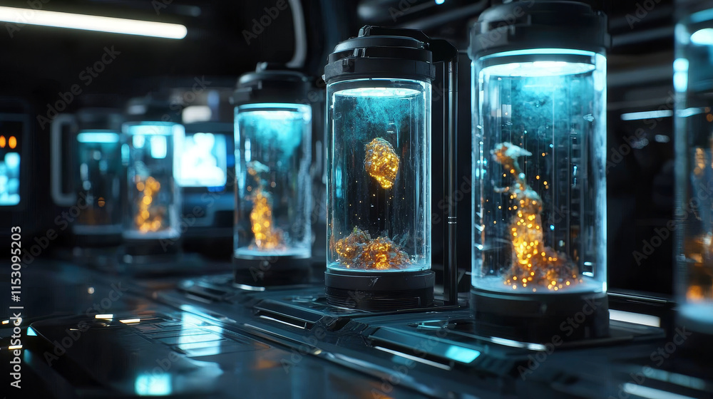 Poster futuristic science lab with space aliens in cryogenic capsules. vector cartoon illustration of space