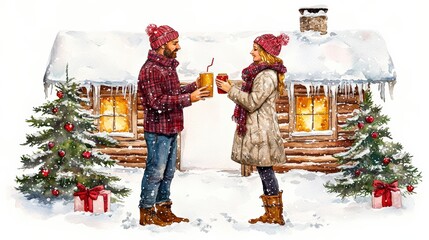 Couple toasting warm drinks, snowy cabin, Christmas trees