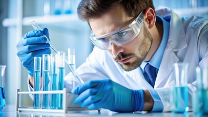Scientist looking closely at test tube in laboratory, researcher, scientist, lab coat, experiments, microscope